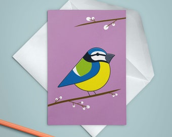 Blue Tit birthday card, Cute garden bird anniversary card