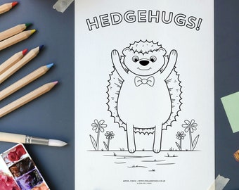 Hedgehugs printable colouring sheet, Hedgehog digital download colouring page