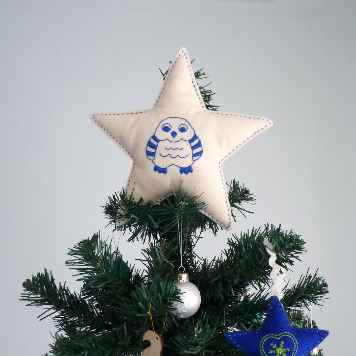 Woodland owl Christmas tree topper Embroidered felt star Etsy