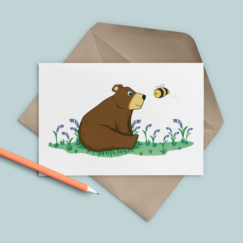 Bear, bee and bluebells card, Birthday card for nature lover, Gift for gardener image 1