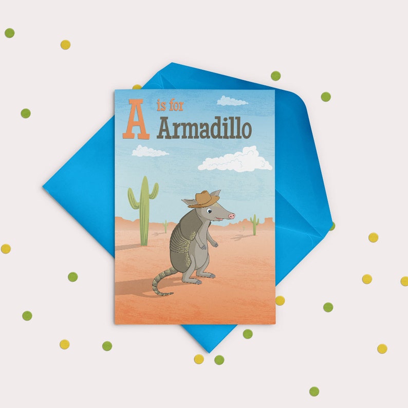 Illustrated Cowboy Armadillo Greetings Card Notecard A is for Armadillo Card
