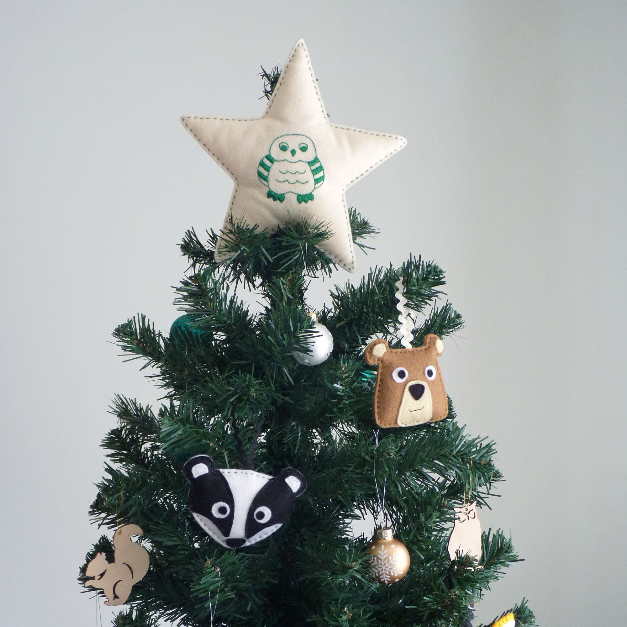 Woodland owl Christmas tree topper Embroidered felt star Etsy