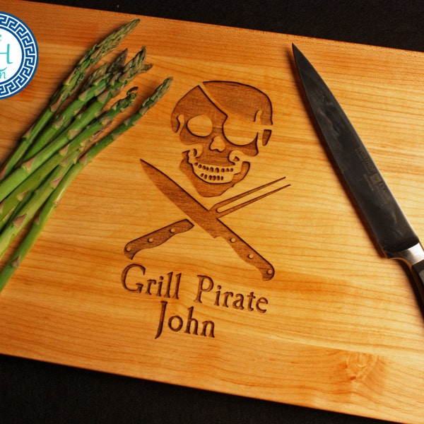 Personalized Cutting Board BOOS Engraved Grill Pirate Skull Husband Boyfriend Host Boss Dad Father Guy Birthday BBQ Nautical Grill Gift