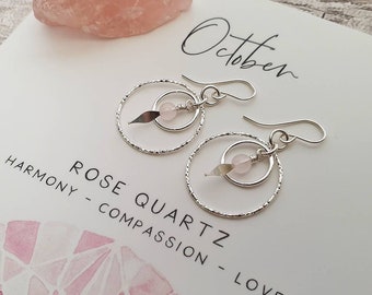 Rose Quartz Earrings, October Birthstone, Gemstone Sterling Silver Jewellery, Gift for Her, Birthday Gift, Daughter Gift, Niece, Sister