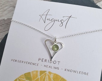 Peridot Birthstone Necklace, Gift for Her, August Birthday Jewellery, Gift for Friend, Silver Heart Necklace, Peridot Jewelry, Gift for Wife