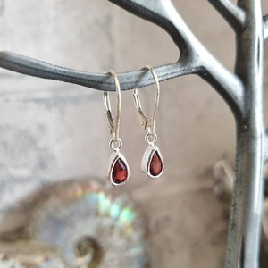 Garnet Gemstone Earrings: Sterling Silver Leverback, January Birthstone Gift for Her
