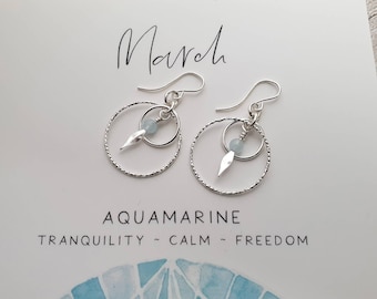 Aquamarine Earrings, March Birthstone Jewellery, Birthday Gift for Her, Sterling Silver Hoop Earrings, Gift for Friend, Daughter Present
