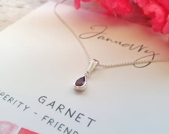 Garnet Teardrop Necklace - Sterling Silver January Birthstone Jewellery Gift for Her