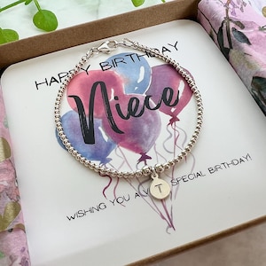 Niece Happy Birthday Gift, Personalised Initial Bracelet, Birthstone Sterling Silver Jewellery, Gemstone Bead Bracelet, Gift for Her