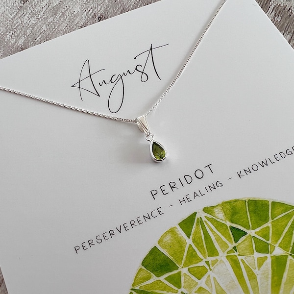 Sterling Silver Peridot Necklace - August Birthstone Jewellery, Teardrop Pendant, Gift for Her