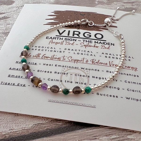 Virgo Bracelet, Sterling Silver Zodiac Jewellery, Starsign Bracelet, Virgo Birthday Gift, Gemstone Bracelet, Slider Adjustable Bracelet