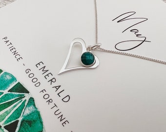 Emerald Necklace, May Birthstone, Gift for Her, Birthday Gift for Friend, Sterling Silver Heart Necklace, Gift for Daughter, Wife, Mum Gift