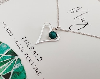 Emerald Necklace, May Birthstone, Gift for Her, Birthday Gift for Friend, Sterling Silver Heart Necklace, Gift for Daughter, Wife, Mum Gift