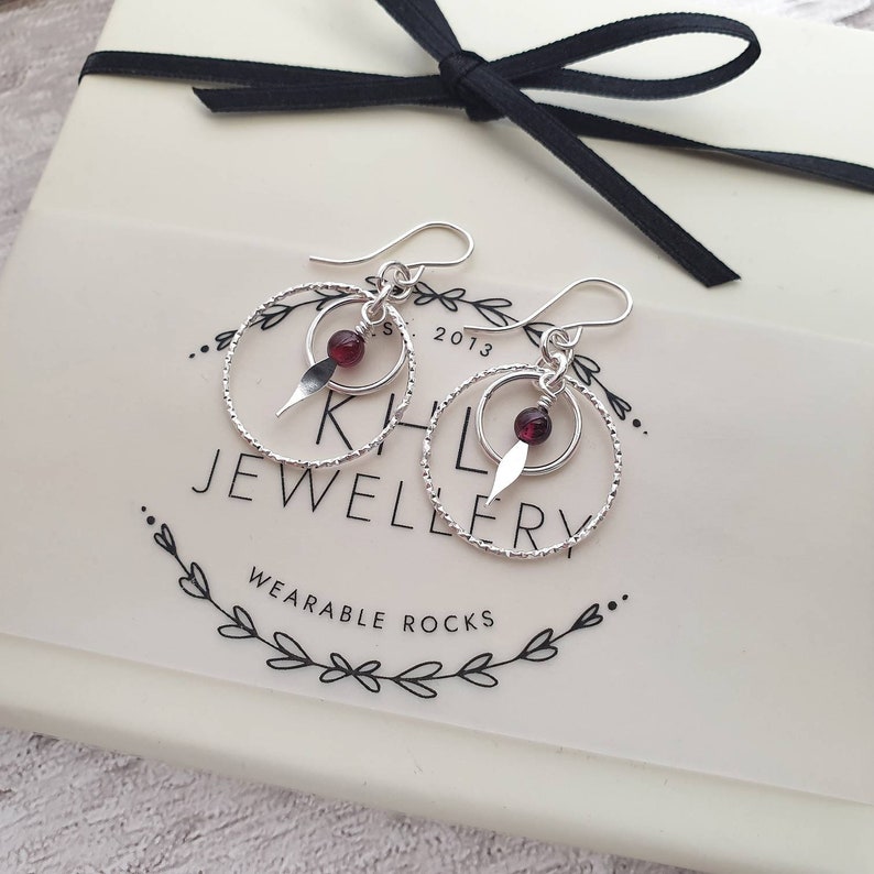 Gift for Daughter Gift for January Birthday Circle Sterling Silver Earrings Garnet Birthstone Garnet Jewellery Jewelry Gift for Friend