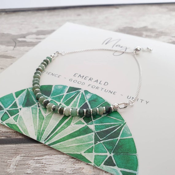 Emerald Birthstone Bracelet: Sterling Silver Slider, May Birthday Gift