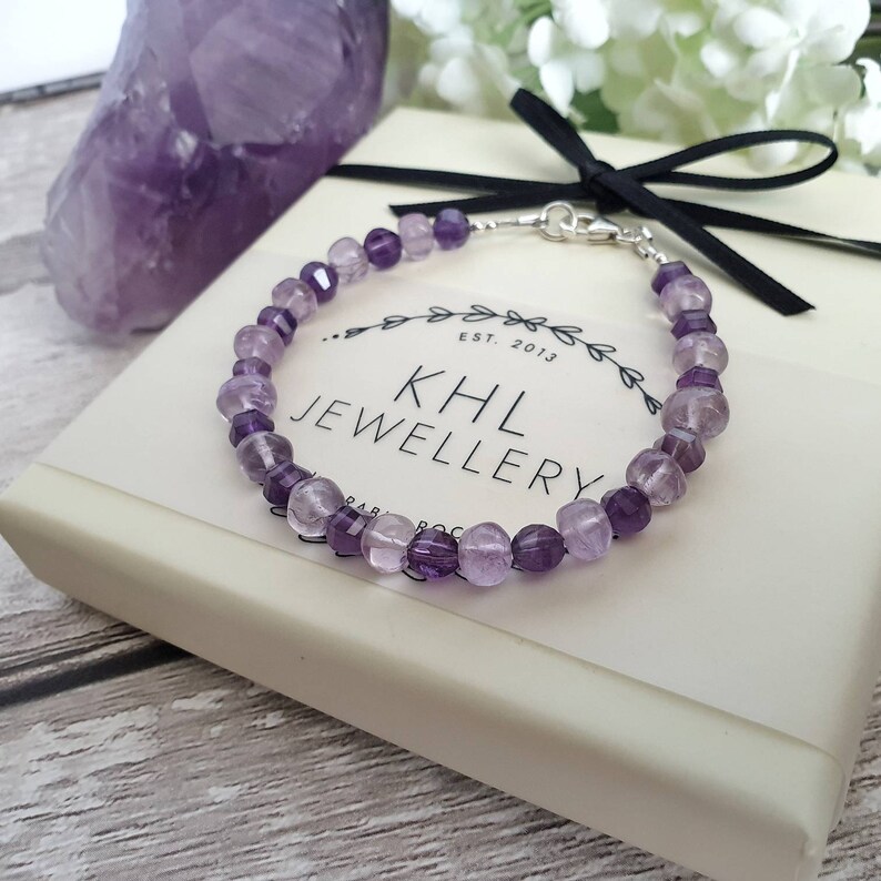 Sterling Silver Purple Jewelry Gift for Her February Birthstone Birthday Present Female Amethyst Bracelet Gemstone Healing Jewellery