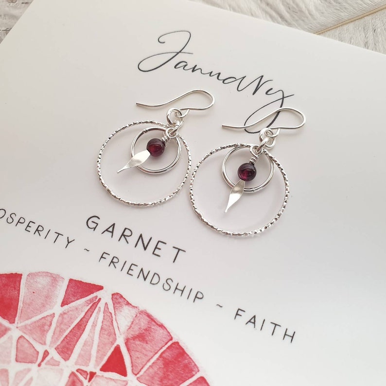 Gift for Daughter Gift for January Birthday Circle Sterling Silver Earrings Garnet Birthstone Garnet Jewellery Jewelry Gift for Friend