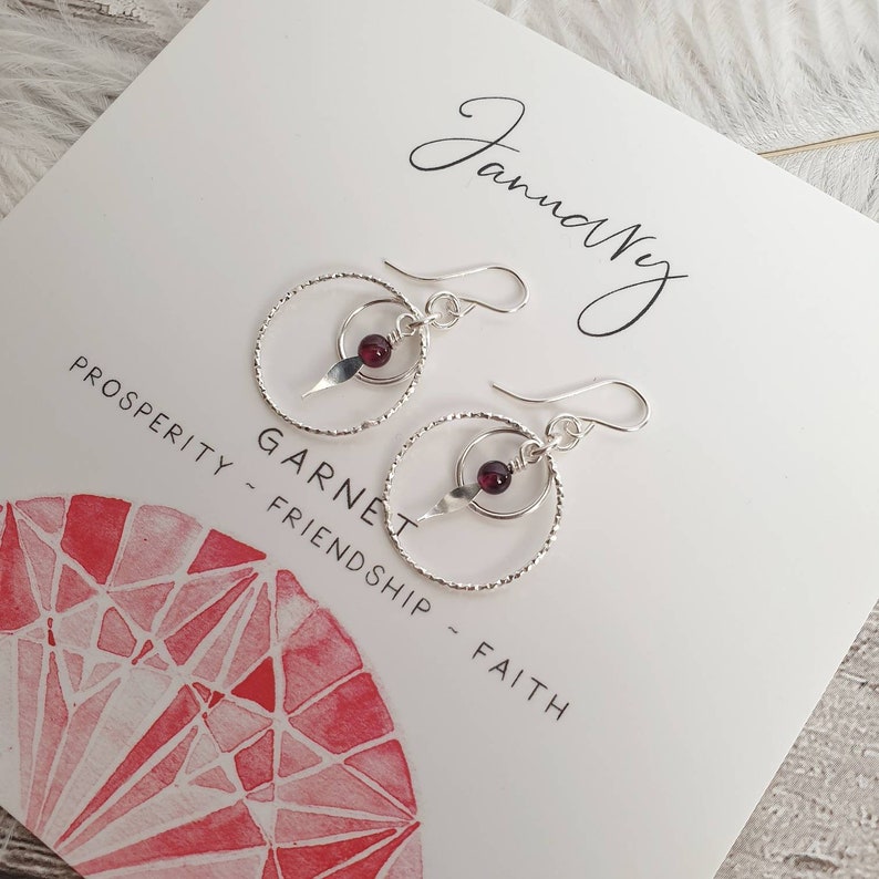 Gift for Daughter Gift for January Birthday Circle Sterling Silver Earrings Garnet Birthstone Garnet Jewellery Jewelry Gift for Friend