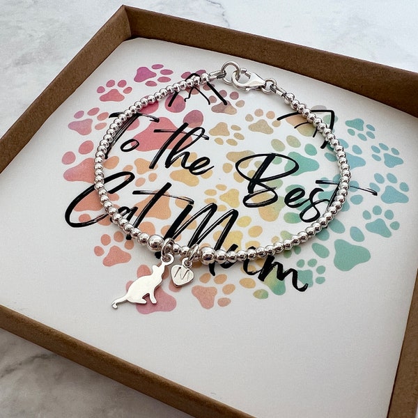 Cat Mum Gift, Personalised Bracelet, Cat Jewellery, Pet Gift, Sterling Silver, Birthday Gift Daughter, Christmas Gift for Friend, Wife Gift