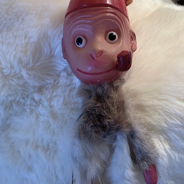 Rare Celluloid Carnival Monkey, Organ Grinder Toy, Red Hat, Wired Fur Body