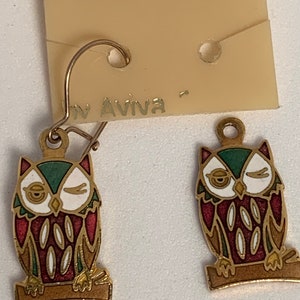 Boucles d'oreilles originales cloisonnées de mère nature des années 80, hibou clin d'oeil, non utilisées sur la carte