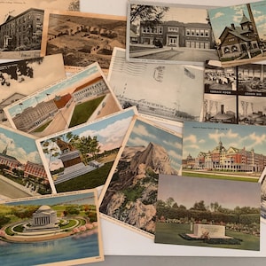 Cartes postales anciennes, années 20-50, villes américaines, scènes, universités, fabrication, église, Yosemite, Washington