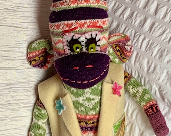 Sock Monkey with Nordic Jazz Pattern, Decor, Fashionable, Handmade 18"