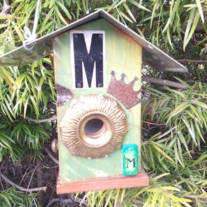 MOM Birdhouse: Found Object Art, Animal Rescue Support, Outdoor Use (10.5" Tall)