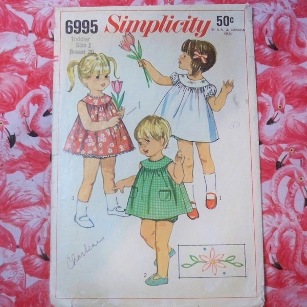 Vintage Simplicity 6995 Toddlers' One=Piece Dress and Panties Toddlers' Size 1  1960's