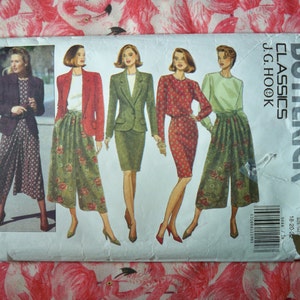 May include: Butterick Classics J.G. Hook sewing pattern for women's clothing. The pattern includes four different styles: a skirt and jacket, a skirt and blouse, a skirt and top, and a skirt and blouse. The pattern is for sizes 18-20.