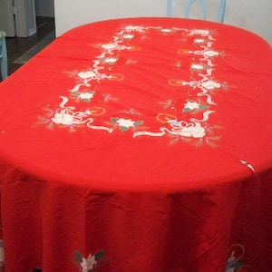 Vintage Red Christmas Cut-Work and Embroidered Tablecloth.  large size 64&quot; W X 96&quot; L