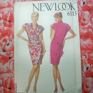 May include: A sewing pattern for a dress with a wrap style and a bow detail. The pattern is from New Look and the pattern number is 6113.