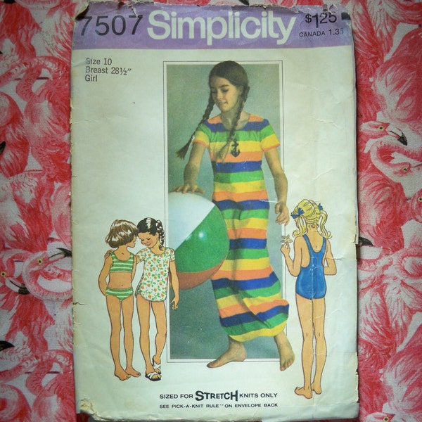 Vintage Simplicity 7507 Girls' Bathing suit, Bikini and Cover-up in two Lengths.  Girls' size 10 Bust 28 1/2"