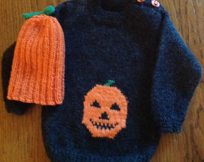 Child's Halloween Pumpkin Sweater with Pumpkin Hat. One only available