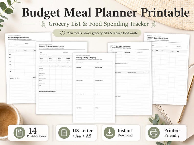 Budget Meal Planner Printable With Grocery List and Spending Tracker ...