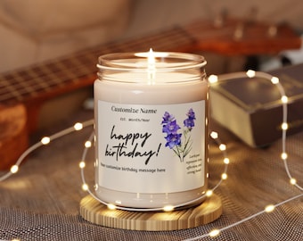 Personalized Birth Flower Soy Candle, Birthday Gift