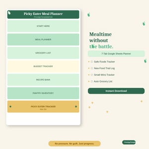 May include: A digital meal planner interface titled Picky Eater Meal Planner with seven tabs including Start Here, Meal Planner, Grocery List, Budget Tracker, Recipe Bank, Pantry Inventory, and Picky Eater Tracker. It features a 7-Tab Google Sheets Planner.