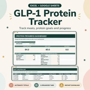 May include: A digital GLP-1 Protein Tracker spreadsheet for Excel and Google Sheets. The interface displays a Protein Progress Dashboard with daily totals, goals, and a Daily Protein Log table for tracking meals, serving sizes, and protein sources.
