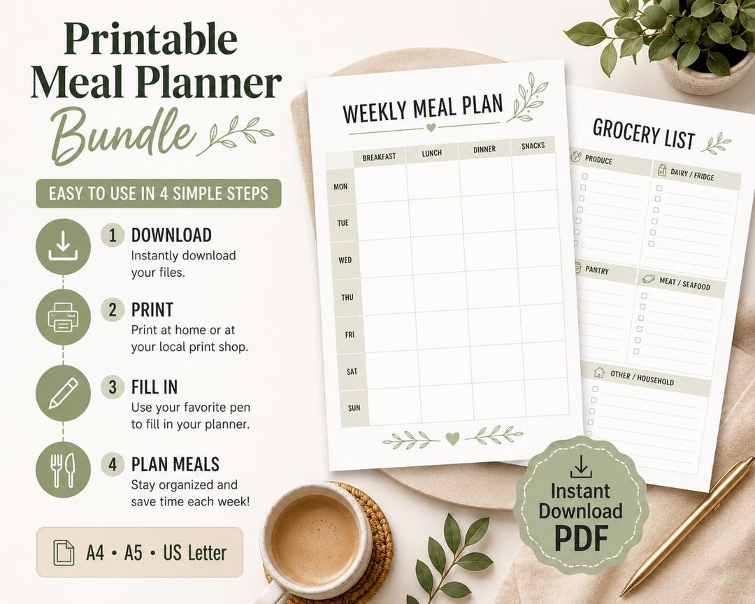 Printable Weekly Meal Planner Bundle, Grocery List, Menu Planner PDF ...