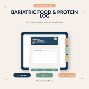 Könnte beinhalten: Ein druckbares PDF-Paket mit dem Titel Bariatric Food & Protein Log, das eine tägliche Tracking-Tabelle für Mahlzeiten, Protein, Flüssigkeiten und Wohlbefinden enthält. Das Dokument umfasst 17 Seiten in den Formaten US Letter, A4 und A5 in Dunkelblau und Beige.