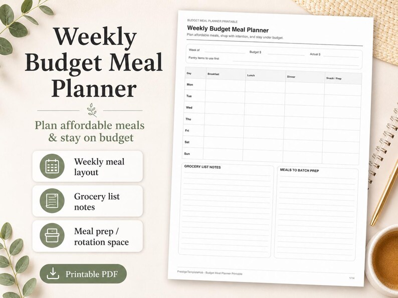 Budget Meal Planner Printable With Grocery List and Spending Tracker ...