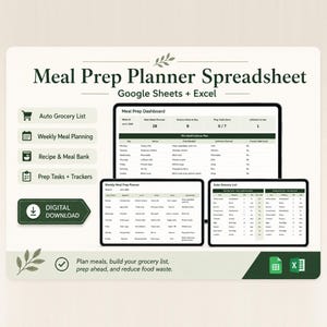 May include: A digital meal prep planner spreadsheet for Google Sheets and Excel. The interface displays a dashboard, a weekly meal planner, and an auto grocery list. Features include sections for meal planning, recipe banks, and prep tasks.