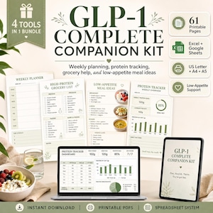 May include: A GLP-1 Complete Companion Kit bundle featuring 61 printable pages, Excel and Google Sheets files, and support for US Letter, A4, and A5 sizes. Includes a weekly planner, high-protein grocery list, meal ideas, and a protein tracker.