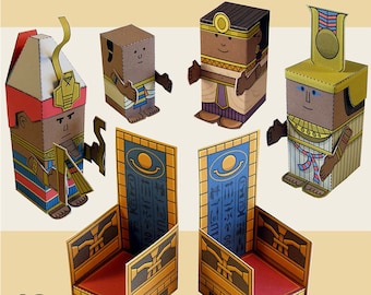 Faraón egipcio y su familia: minipersonajes de papel. Recorta, arma y juega. Descarga instantánea.