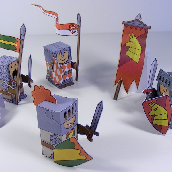 Mittelalterliche Ritter und Soldat Mini-Leute Papierspielzeug. Schneiden, zusammenbauen und spielen. Sofortiger Download.