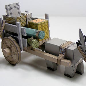 MINIWORLD ペーパー トイ - ロバの荷車 - 切って、組み立てて、遊びます。すぐにダウンロードできます。