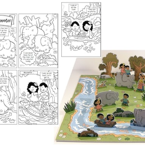 May include: A pop-up book with a river scene featuring elephants, children, and a boat. The book is open to reveal the pop-up elements. The text in the book reads "River Encounter", "Have fun, but don't go too far or near the river", "Yes, mom", "I can never have fun at the river, but it's very hot today", "The river feels so cool on my poor hot feet", "Look, an old boat. Let's get in.", "Look at all the fish", "They are so pretty."
