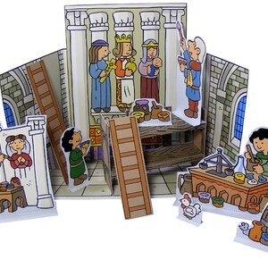 May include: A paper craft set featuring a medieval scene with a king, queen, and child. The set includes figures, ladders, and a table with tools and supplies. The scene is painted in bright colors and includes details like a crown, a scepter, and a baby.