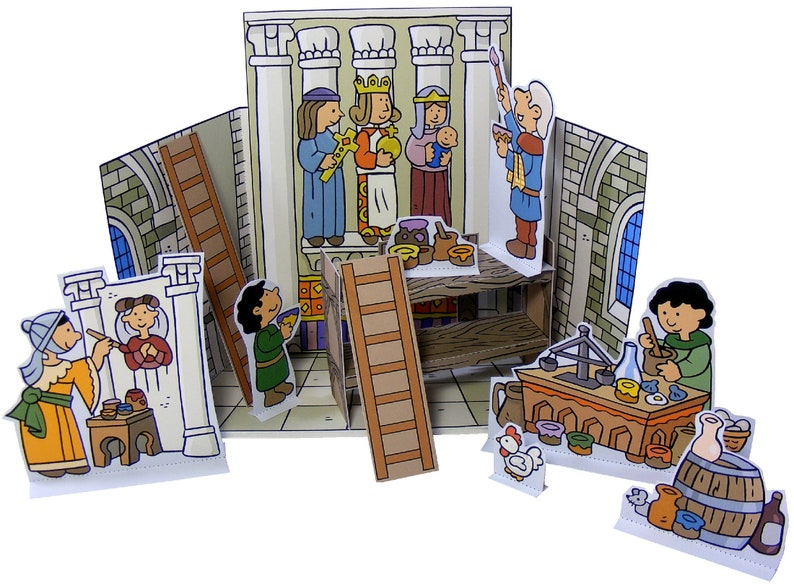May include: A paper craft set featuring a medieval scene with a king, queen, and child. The set includes figures, ladders, and a table with tools and supplies. The scene is painted in bright colors and includes details like a crown, a scepter, and a baby.