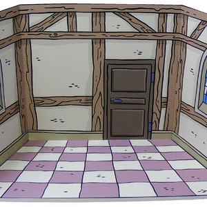 May include: A papercraft model of a room interior with a checkered floor, a wooden door, and two arched windows with stained glass.